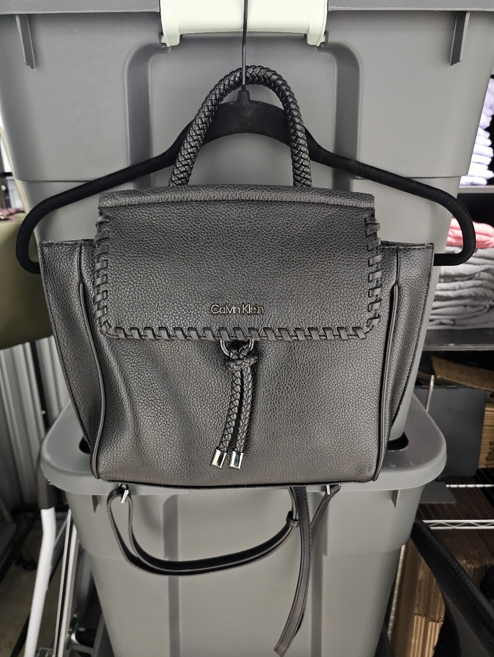 Calvin Klein Black Braided-Handle Leather Backpack